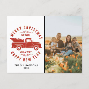 Red Truck and Tree Merry Christmas Photo  Holiday  Postcard