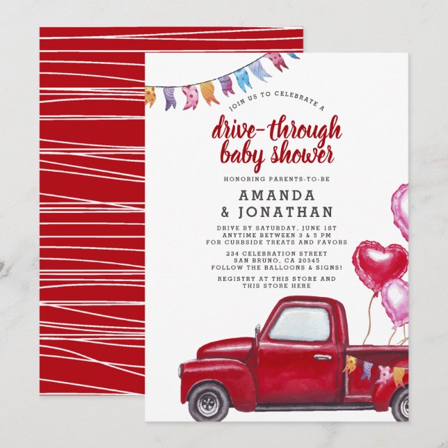 Red Truck & Balloons Drive Through Baby Shower Invitation (Front/Back)