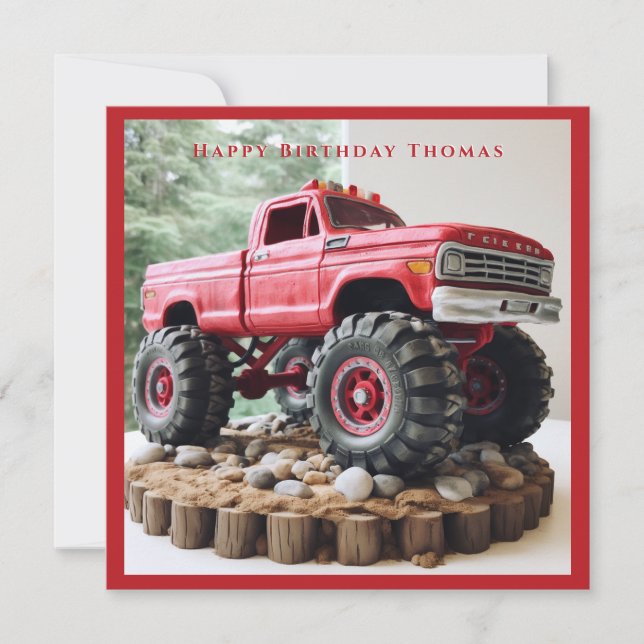 Red Truck Birthday Cake Black Tires Rocks Card (Front)