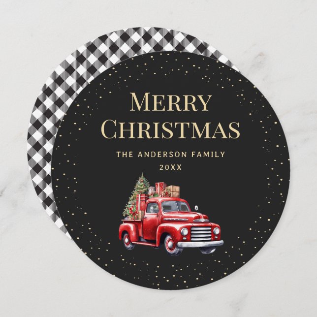Red Truck Black Buffalo Plaid Merry Christmas Card (Front/Back)