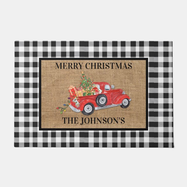 Red Truck Black & White Check Burlap Christmas Doormat (Front)