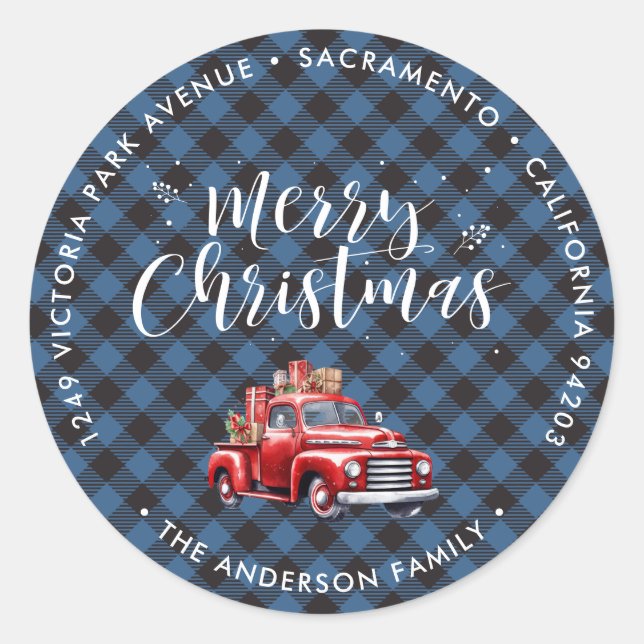 Red Truck Blue Christmas Return Address Labels (Front)