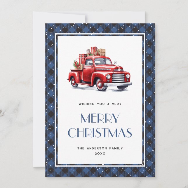 Red Truck Blue Plaid Merry Christmas Card (Front)