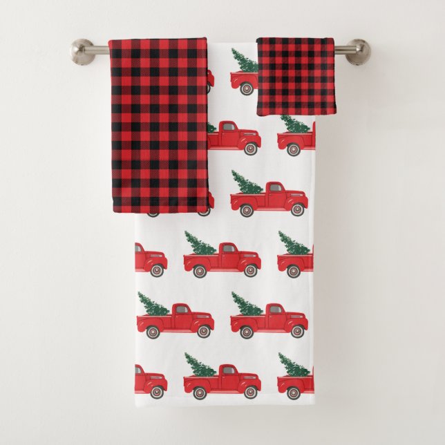 Red Truck Buffalo Check Pattern Bath Towel Set (Insitu)