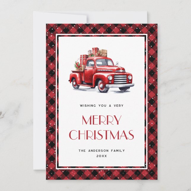 Red Truck Buffalo Plaid Merry Christmas Card (Front)