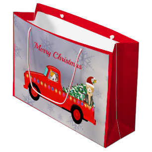 Red Truck Cats Christmas Large Gift Bag