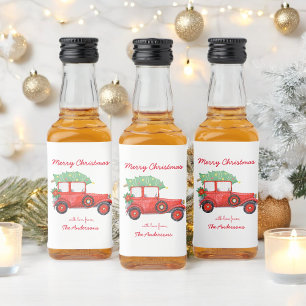Red Truck Christmas Green Tree Holiday    Liquor Bottle Label