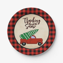 Red Truck Christmas Party Plates Buffalo Plaid