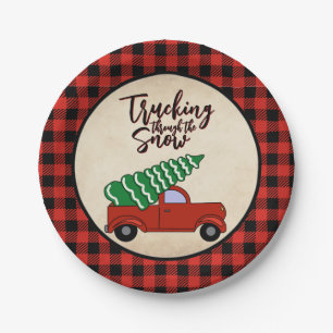 Red Truck Christmas Party Plates Buffalo Plaid