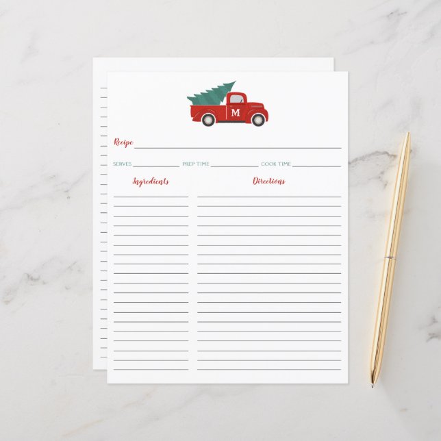 Red Truck Christmas Recipe Card Binder Insert (Front/Back In Situ)