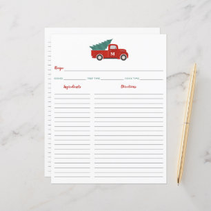 Red Truck Christmas Recipe Card Binder Insert