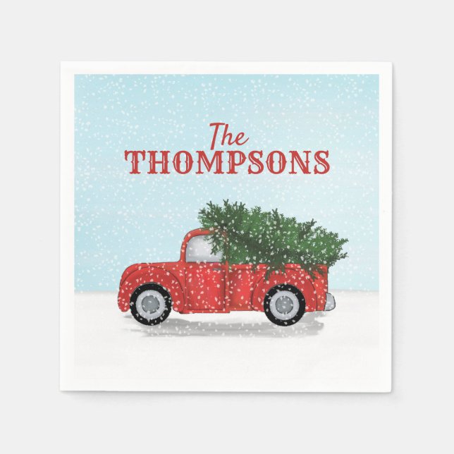 Red Truck Christmas Tree Cute Personalised Napkin (Front)