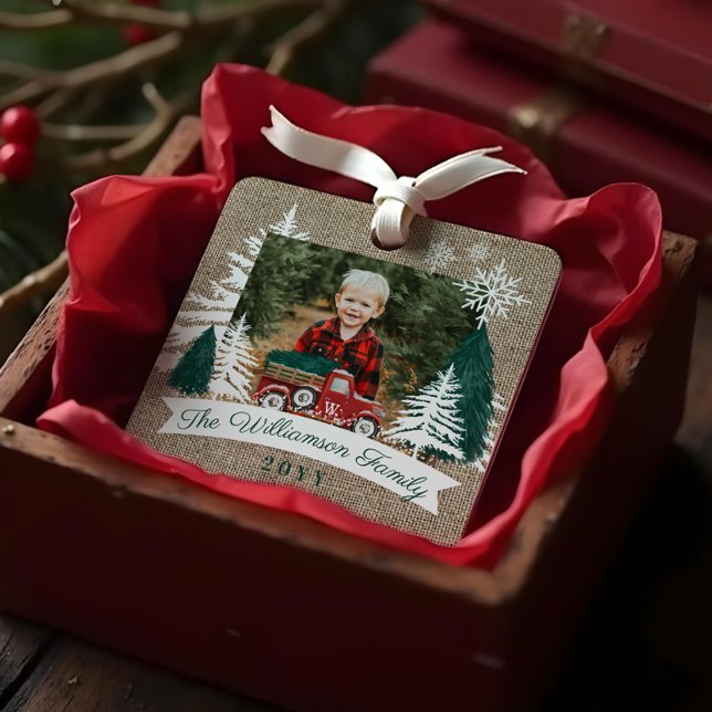 Red Truck Christmas Tree Delivery Burlap Photo  Metal Tree Decoration (Red Truck Christmas Tree Delivery Burlap Photo Metal Ornament)