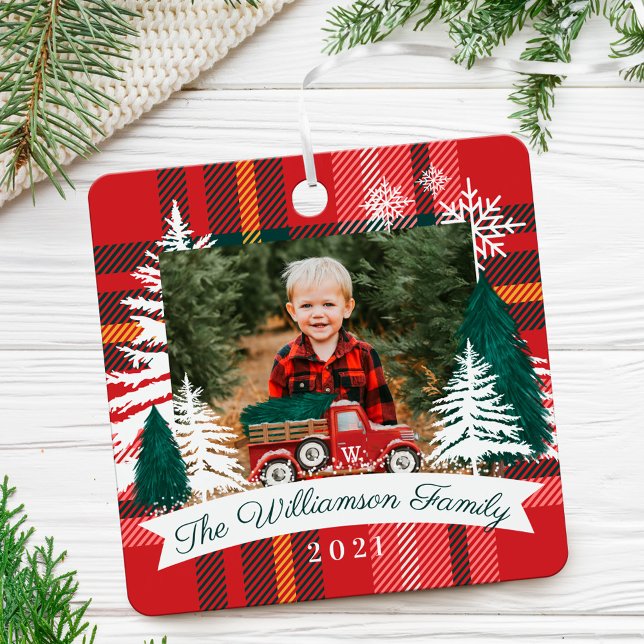 Red Truck Christmas Tree Delivery Red Plaid Photo Metal Tree Decoration (Red Truck Christmas Tree Delivery Red Plaid Photo Metal Ornament)