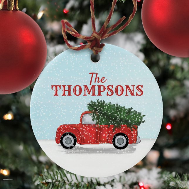 Red Truck Christmas Tree in Snow Cute Personalized Ceramic Ornament (Christmas classic vintage red truck with falling snow simple circle ceramic ornament. )