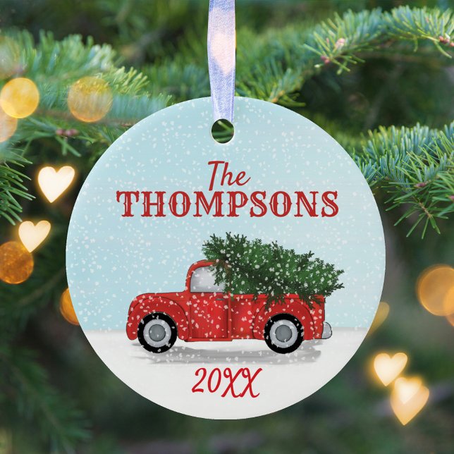 Red Truck Christmas Tree in Sow Photo Personalised Ceramic Ornament (Christmas classic vintage red truck with falling snow simple circle ceramic ornament. )