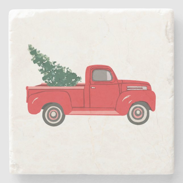Red Truck Christmas Tree Marble Stone Coaster (Front)