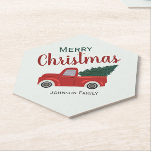 Red truck Christmas tree personalise Paper Coaster