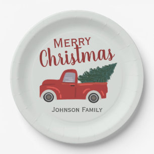 Red truck Christmas tree personalize Paper Plate
