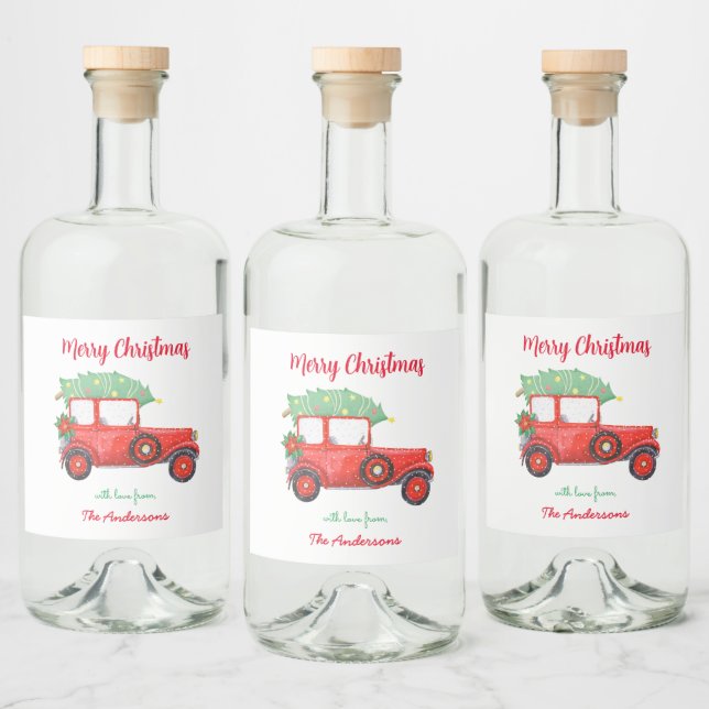 Red Truck Christmas Tree Xmas White      Liquor Bottle Label (Bottles)