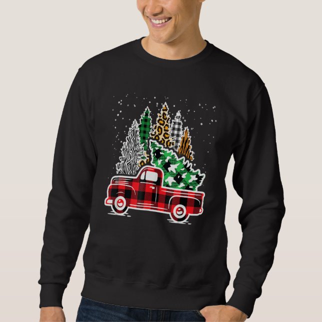 Red Truck Christmas Trees Leopard Red Buffalo Plai Sweatshirt (Front)