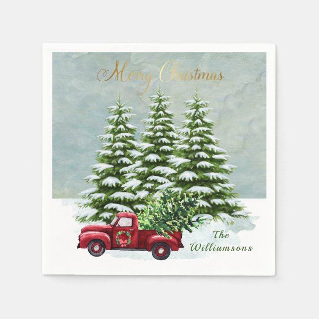 Red Truck Christmas Trees Snow Napkin (Front)