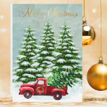 Red Truck Christmas Trees Vintage FLAT  Holiday Card<br><div class="desc">The Christmas trees are on their way in the vintage red truck making it's deliveries and navigating through the snow. Trees with snow set the stage for the backdrop and a gold Merry Christmas message. Personalise on the back in a charming holiday frame. The vintage Red truck is the artwork...</div>
