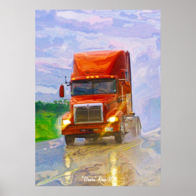 Red Truck Driving in the Rain Art Portait Poster 4 (Front)