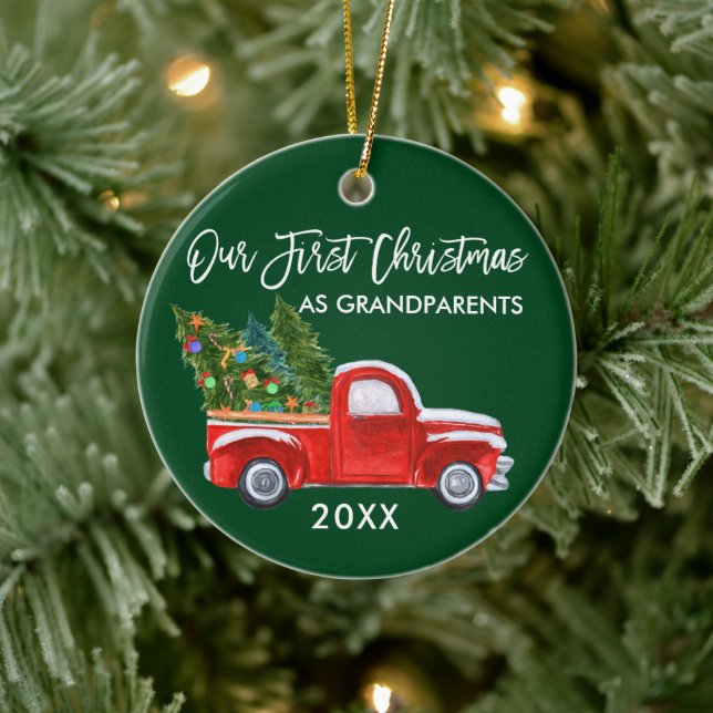 Red Truck First Christmas as Grandparents Green Ceramic Ornament (Tree)