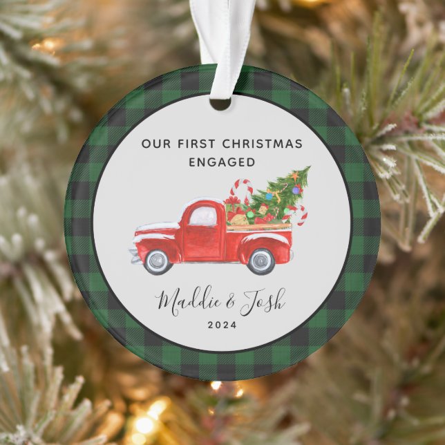Red Truck First Christmas Engaged  Buffalo Plaid   Ornament (Tree)