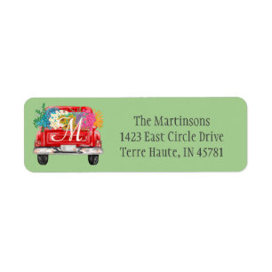 Red Truck Flowers Custom Monogram Return Address  Label