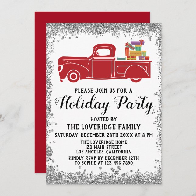 Red Truck Gifts Christmas Holiday Party Silver Invitation (Front/Back)
