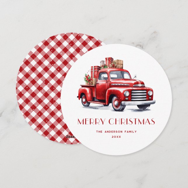 Red Truck Gifts Snow Plaid Merry Christmas Card (Front/Back)