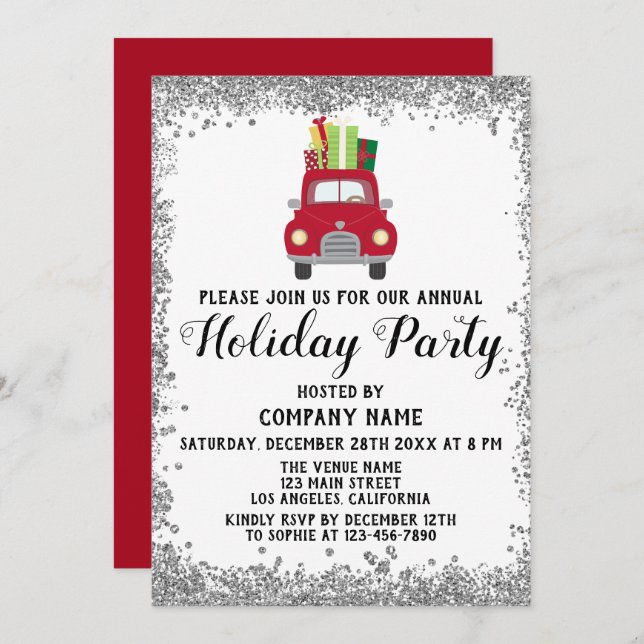Red Truck Gifts Xmas Company Holiday Party Silver Invitation (Front/Back)