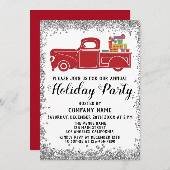 Red Truck Gifts Xmas Company Holiday Party Silver Invitation (Front/Back)