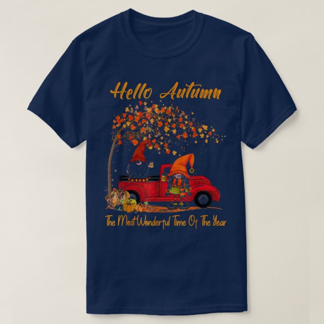 Red Truck Gnomes Pumpkin Autumn Fall Leaves Thanks T-Shirt (Design Front)