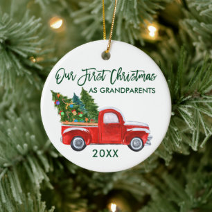 Red Truck Green First Christmas as Grandparents Ceramic Ornament