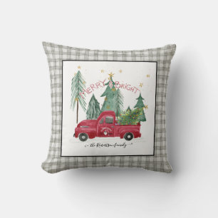 Red Truck Grey Gingham Buffalo Check Farmhouse Cushion