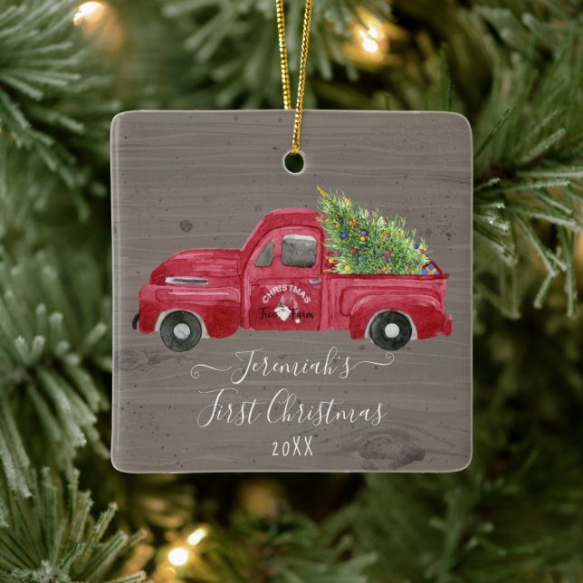 Red Truck Grey Wood Baby1st Christmas Tree Photo Ceramic Ornament (Tree)