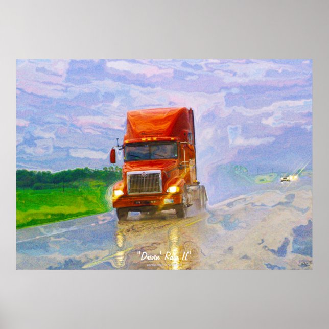 Red Truck Highway Driving in the Rain Art Poster 4 (Front)