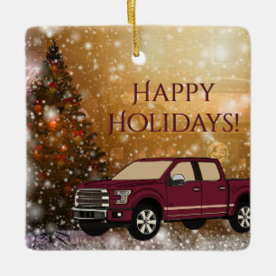 Red Truck in Christmas Winter Snow Scene Ceramic Ornament