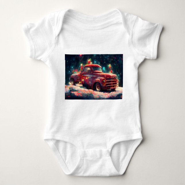 Red Truck In The Snow At Christimas Time Baby Bodysuit (Front)