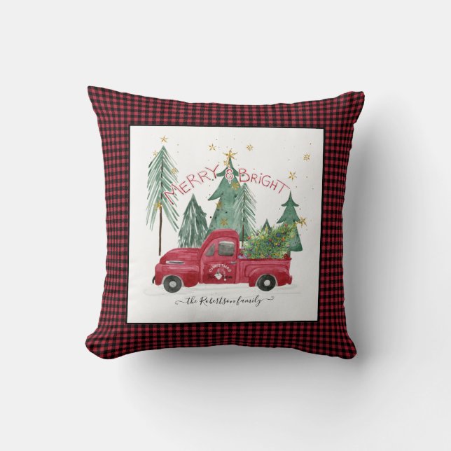 Red Truck Merry Bright Buffalo Check Farm House Cushion (Front)