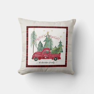 Red Truck Merry Bright Plaid Gnome Farmhouse Wood Cushion
