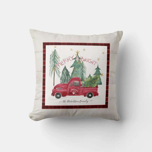 Red Truck Merry Bright Plaid Gnome Farmhouse Wood Cushion (Front)