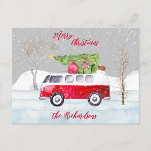 Red Truck Merry Christmas Grey Postcard