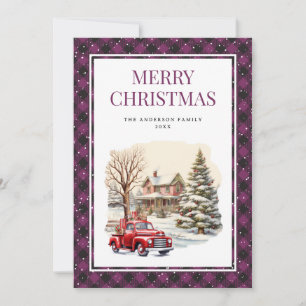 Red Truck Merry Christmas Purple Buffalo Plaid Holiday Card