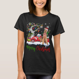 Red Truck Merry Christmas Tree Airedale Terrier Pa T-Shirt