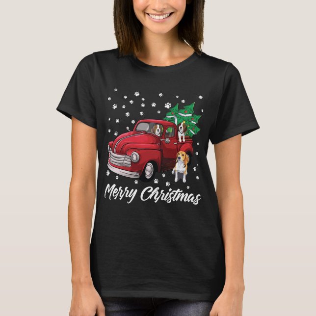 Red Truck Merry Christmas Tree Beagle Dog Christma T-Shirt (Front)