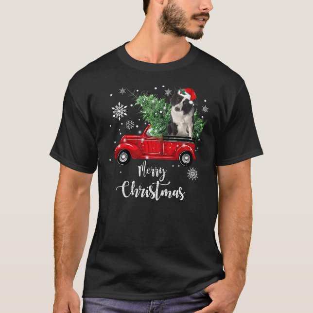 Red Truck Merry Christmas Tree Border Collie Dog C T-Shirt (Front)
